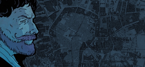 grafika Wyspiańskiego na tle rzutu mapy Krakowa