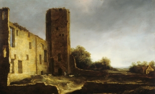 Z lewej strony obrazu ruiny zamku, ściana oraz dostawiona do niej wieża, pozostałe ściany zburzone praktycznie do poziomu ziemi. W tle widok małej chatki oraz zarys lasu a za nimi niebo, na którym kłębią się szare chmury.