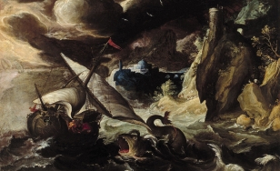 Scena przedstawiająca epizod historii Jonasza – na wzburzonym morzu widoczny statek, który ulega wielkim falom oraz zbliżającą się do statku wielką rybę. W tle skaliste wybrzeże, u góry pochmurne szare niebo.