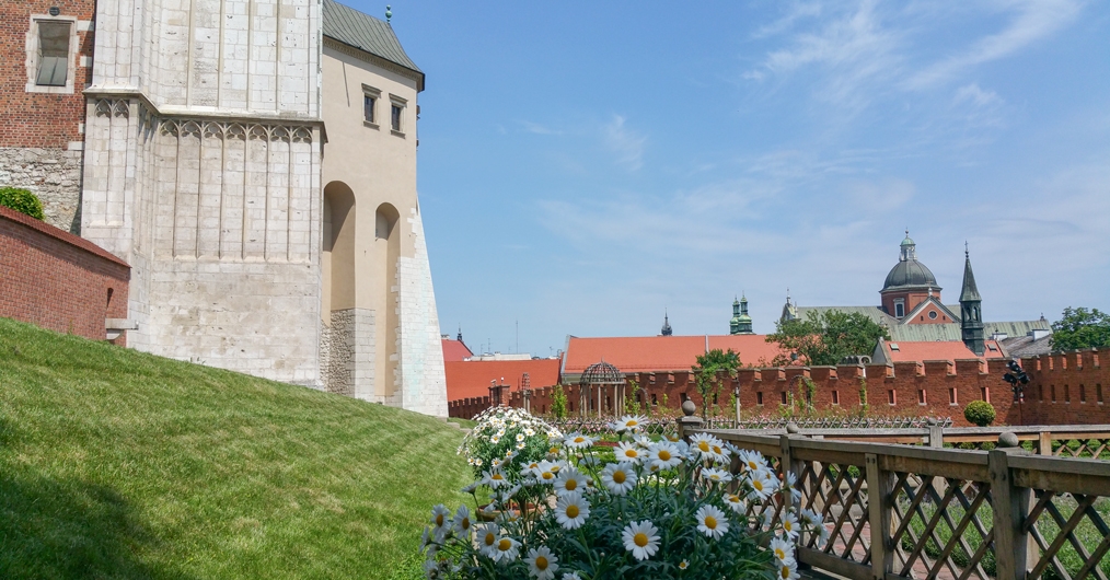 Ogrody królewskie, trawnik na zboczu, kwitnące rośliny, po lewej stronie fragment ściany Zamku, w tle niebo i fragmenty budynków