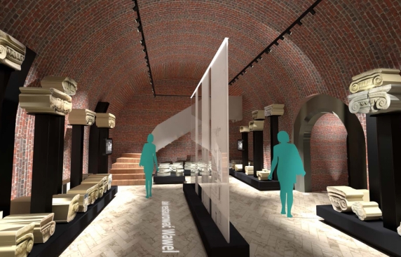 infografika - projekt aranżacji sali wystawy lapidarium, ceglane ściany, elementy ekspozycji, schemat postaci zwidzającej wystawę