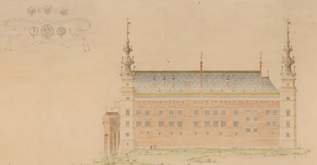 kolorowy rysunek przedstawiający projekt odbudowy zamku wawelskiego