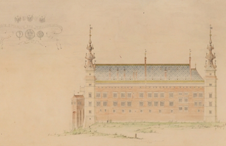 kolorowy rysunek przedstawiający projekt odbudowy zamku wawelskiego