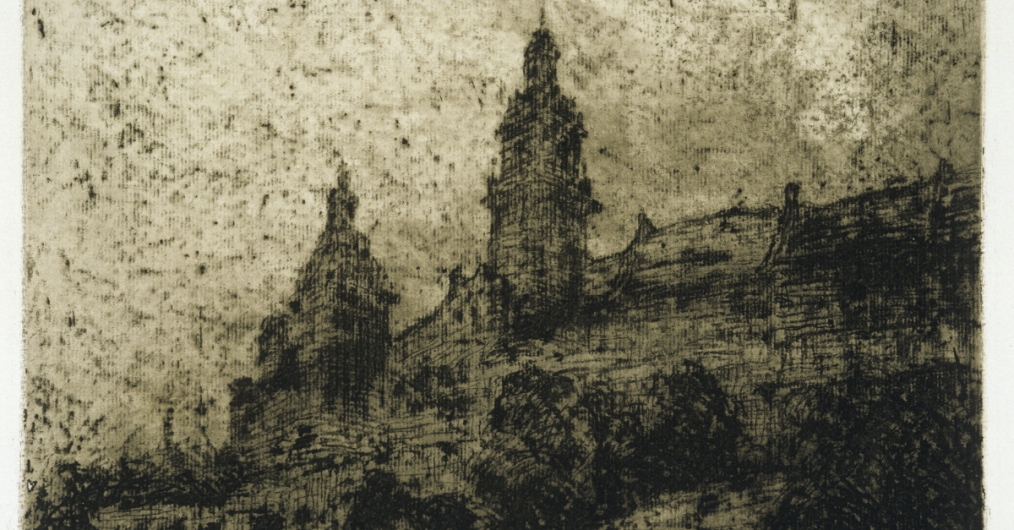 grafika z nocnym widokiem Wawelu, zarys wież katedry