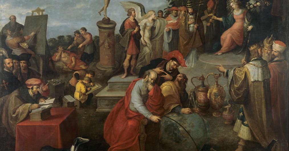 Fragment obrazu “Occasio” przedstawiający postać mężczyzny myślącego przy wielkim globusie