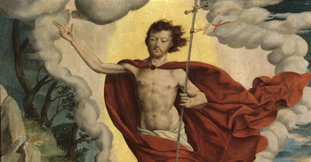 postać Chrystusa Zmartwychwstałego, w rozwianej szacie, w lewej ręce trzyma krzyż
