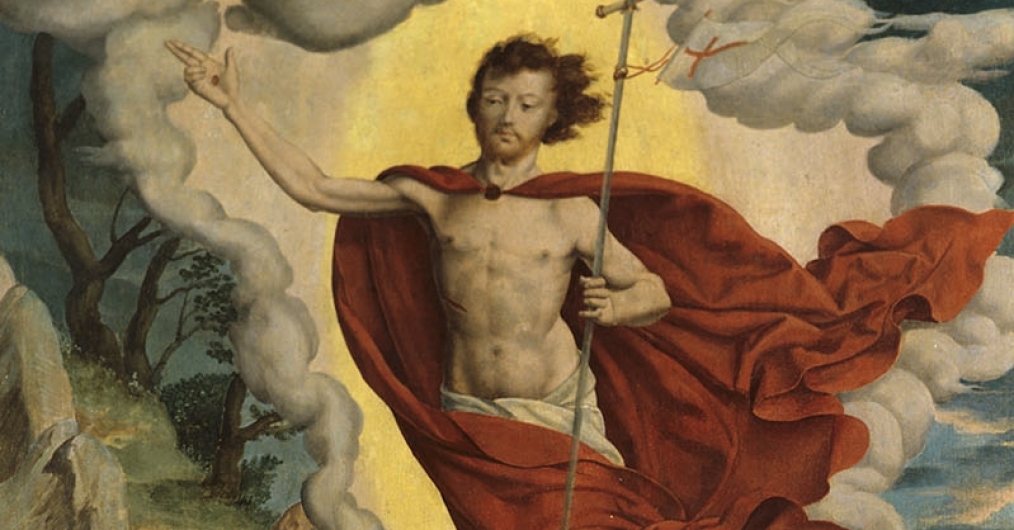 scena Zmartwychwstania - półnaga postać stojąca otoczona chmurami, częściowo przykryta czerwoną szatą, w lewej ręce chorągiew, u jej stóp trzy leżące postacie, po lewej stronie wyjście z groty