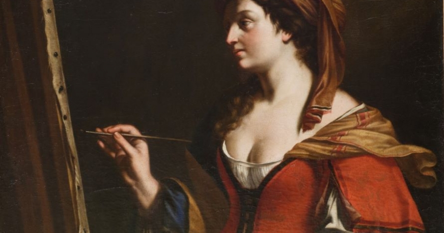 Kobieta w stroju renesansowym, malująca obraz.