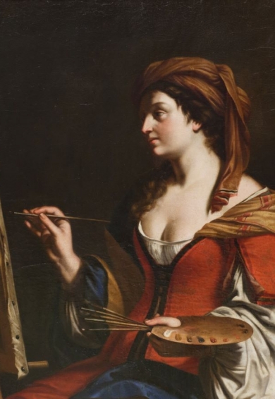 Kobieta w stroju renesansowym, malująca obraz.