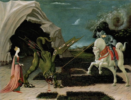 Na obrazie po lewej stronie znajduje się postać świętego Jerzego siedzącego na koniu. Święty trzyma w ręce kuszę, którą dźga smoka. Smok, trzymany na smyczy przez kobietę, znajduje się po prawej stronie.