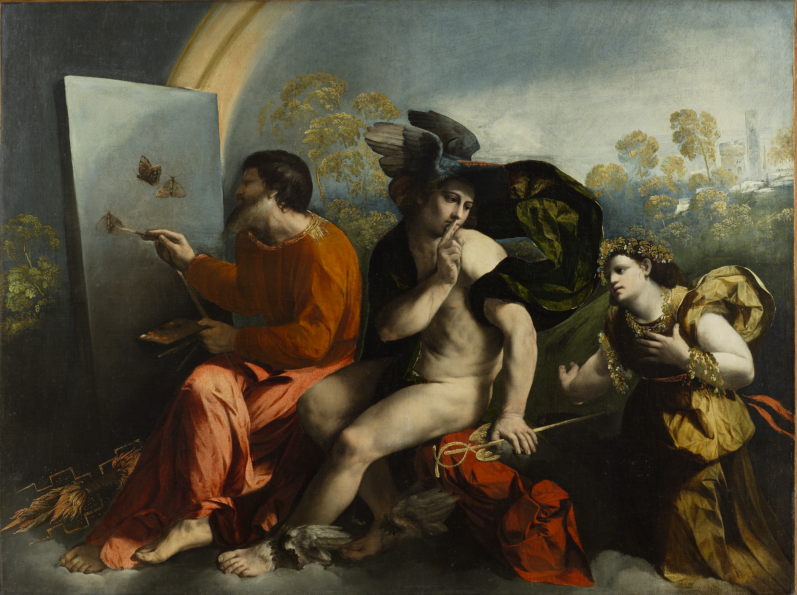 Jowisz malujący motyle, obok Hermes uciszający Jutrzenkę. Obraz Dossa Dossiego