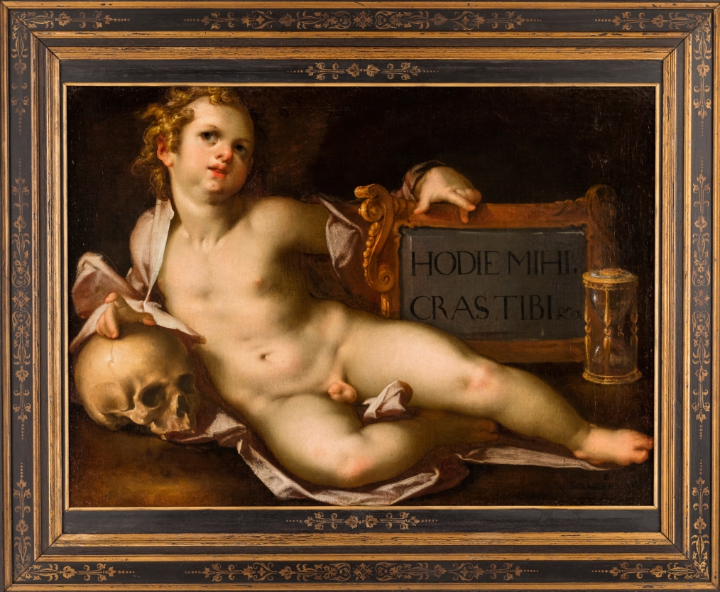 Obraz Sprangera Vanitas ukazujący nagiego chłopca z czaszką, tablicą i klepscydrą.