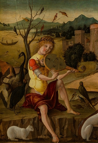 Orfeusz z instrumentem siedzi pod drzewem, w tle mury miasta, podróżni i zatoka z łodzią. Wokół niego zwierzęta i ptaki.
