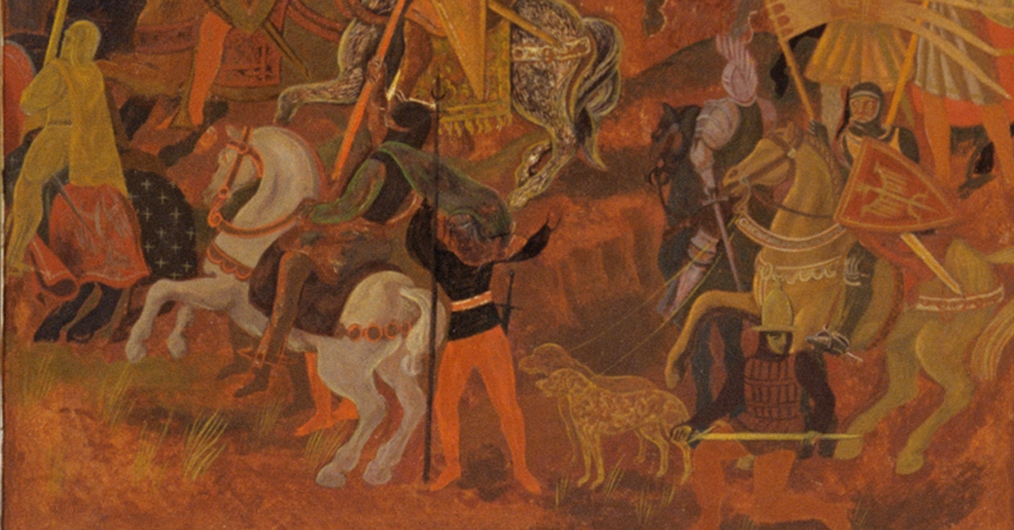 Malunek utrzymany w czerwono-pomarańczowej kolorystyce, na nim scena batalistyczna - rycerze w pełnym rynsztunku, na koniach i z psami.