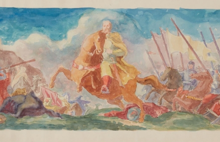 obraz przedstawiający scenę bitwy, pośrodku postać mężczyzny na koniu uniesionym do skoku, po bokach walczący konno rycerze w ekwipunku bojowym (zbroje, kopie), w tle sylwetka zamku na wzgórzu