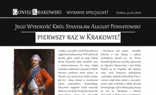 strona z gazety konkursowej, teksty, grafika przedstawiająca portret króla Stanisława Augusta Poniatowskiego i dawną mapę Krakowa