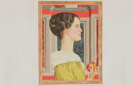 malarski portret młodej kobiety, zwróconej bokiem do oglądającego, jasna cera, ciemne upięte w kok włosy, w ręce trzyma owoc granatu