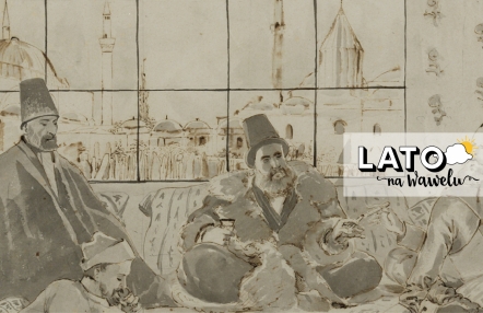 lawowany rysunek w odcieniach szarości i brązu, przedstawia dwóch mężczyzn w tureckich strojach, siedzących "po turecku", w tle budynki dalekowschodniego miasta, wieże minaretów i kopuły