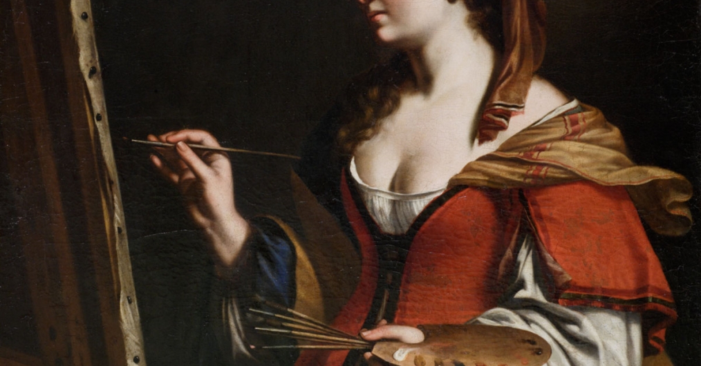 obraz przedstawiający kobietę z profilu, malującą obraz, w prawej ręce trzyma pędzel, w lewej - paletę malarską i kilka pędzli; na głowie ma zawinięty brązowy szal
