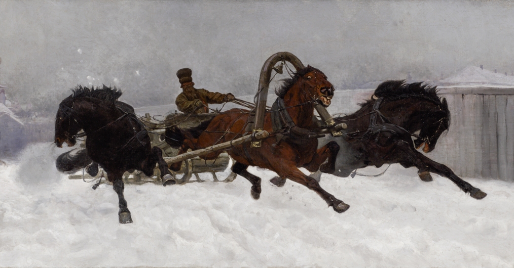 zimowy pejzaż, woźnica powozi saniami, które ciągną trzy rozszalałe konie