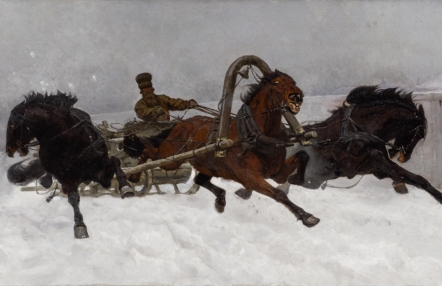 zimowy pejzaż, woźnica powozi saniami, które ciągną trzy rozszalałe konie