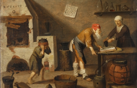 Obraz przedstawiający pracownię alchemiczną, w której znajdują się trzy osoby: kobieta w brązowej sukni, mężczyzna z brodą pochylony nad stołem oraz dziecko przytrzymujące naczynie na głowie.