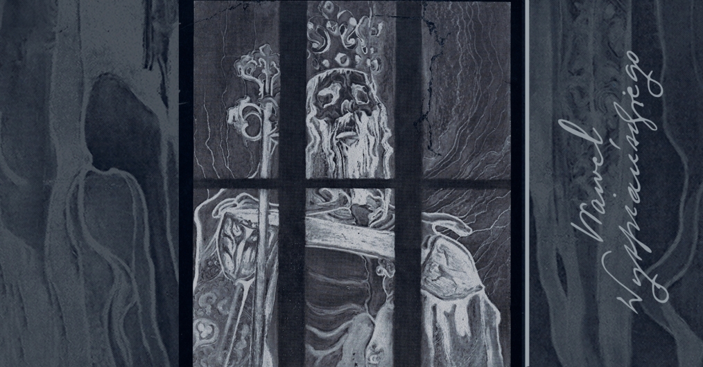 szkic, projekt witraża, przedstawia starego brodatego mężczyznę w koronie