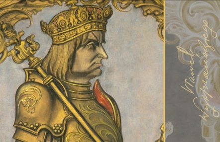 rysunek pastelami, przedstawia króla w koronie, odzianego w zbroję, z berłem opartym o ramię; postać otacza rama z wzorem liści akantu; z lewej strony napis Wawel Wyspiańskiego