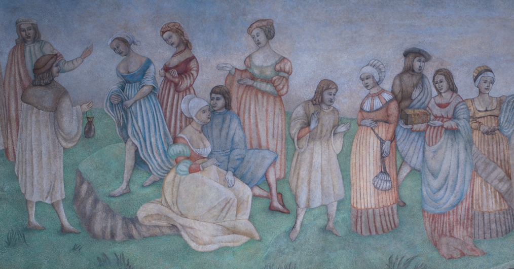 malowidło ścienne przedstawiające grupę osób – kobiety i mężczyźni, ubrani w dawne stroje, zajmują się rozmową i ubiorami