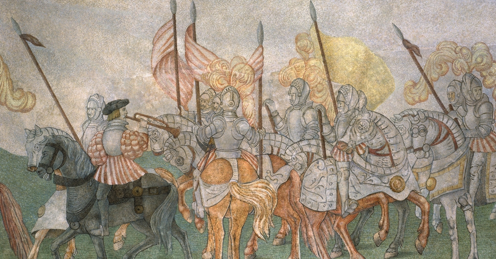 malowidło ścienne przedstawiające grupę walczących konno rycerzy, osłoniętych zbrojami, w rękach trzymają piki  – rodzaj uzbrojenia, na hełmach mają pióropusze