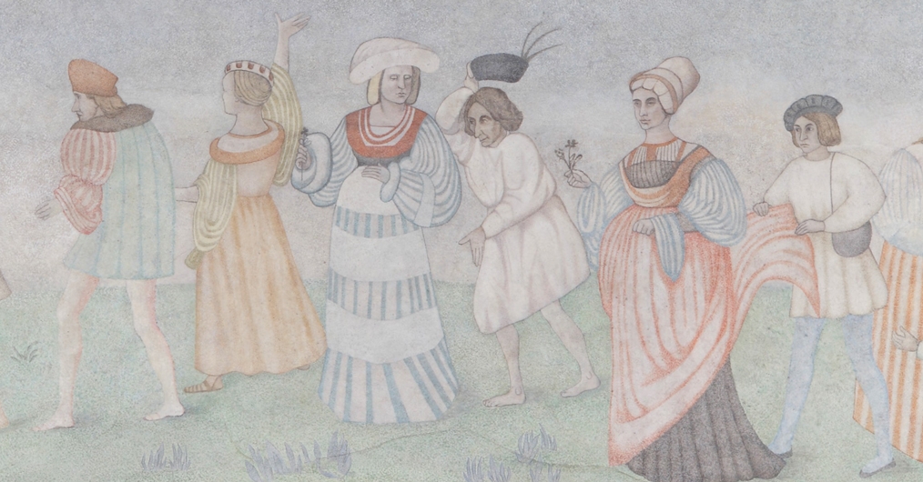 fragment malowidła ściennego, w pastelowych kolorach; grupa postaci ubranych w dawne stroje, przechadza się, wykonując różne gesty