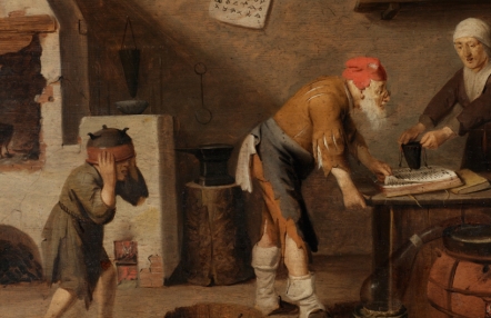 fragment obrazu, pomieszczenie w dawnym, ubogim domu, o stół oparty  stary mężczyzna w czerwonej czapce, kobieta w białej chustce podaje mu sakiewkę; na stole księga; z lewej strony chłopiec trzymający na głowie naczynie
