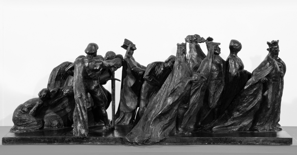 rzeźba przedstawiająca grupę postaci, władców z rodu Jagiellonów