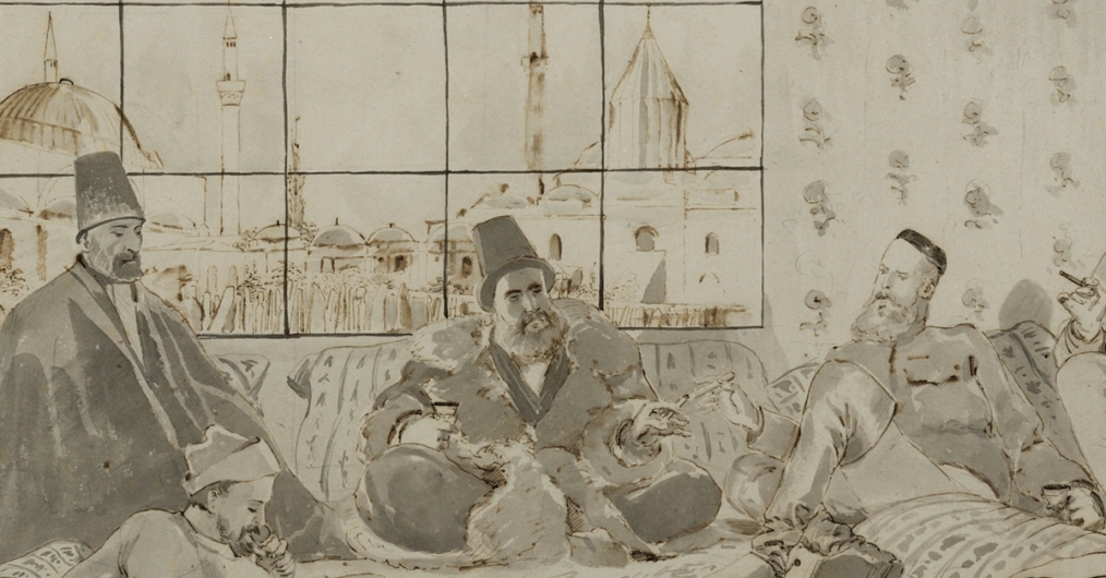 akwarela Jacka Malczewskiego, przedstawiająca grupę mężczyzn w strojach orientalnych, siedzących na ziemi