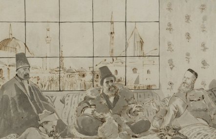 akwarela Jacka Malczewskiego, przedstawiająca grupę mężczyzn w strojach orientalnych, siedzących na ziemi