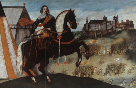 Grafika przedstawia portret konny króla Władysława IV Wazy z wojskami i zamkiem w tle