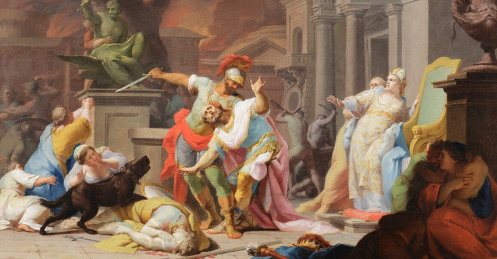 grupa postaci na tle antycznych budynków; kolorowe szaty; postać w antycznym ubiorze zamierza się mieczem na drugiego mężczyznę