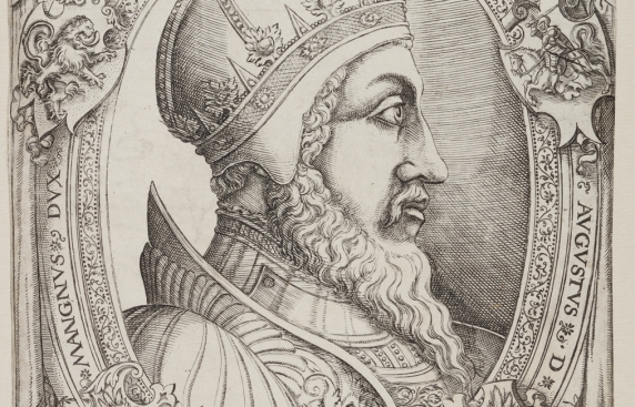 dawny rysunek przedstawiający portret mężczyzny z profilu, na głowie renesansowe nakrycie
