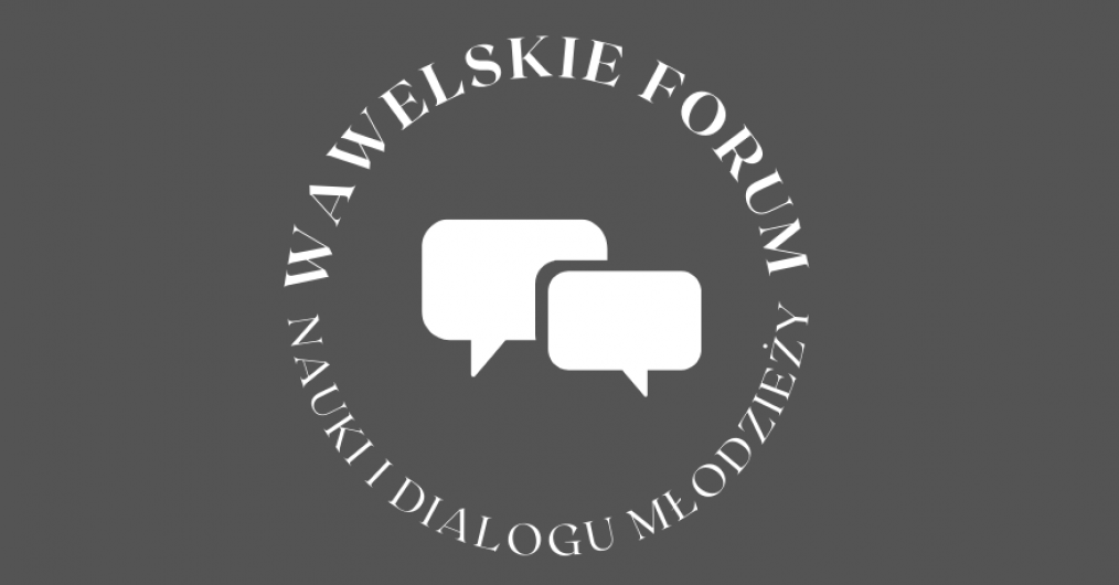 logo Wawelskiego Forum Dialogu i Młodzieży - napis ułożony w okręgu, na szarym tle, w środku dwa białe dymki symbolizujące rozmowę
