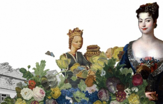 kolaż zdjęć, na dole barwny bukiet kwiatów, z lewej strony widoczny fragmant szlacheckiego dworku, z prawej portret kobiety w stroju z epoki