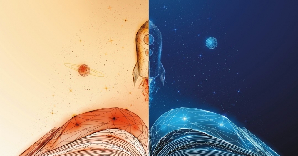 infografika wydarzenia zaprojektowana w dwóch rodzajach koloru, ciepłych i zimnych rozdzielonych symetrycznie, w grafikę wkomponowana jest otwarta księga, rakieta i dwie planety
