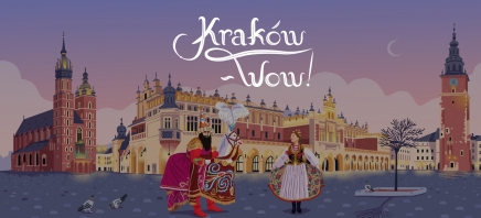 kolorowy widok rynku krakowskiego z napisem Kraków-wow, na pierwszym planie lajkonik i kobieta w ludowym stroju krakowskim