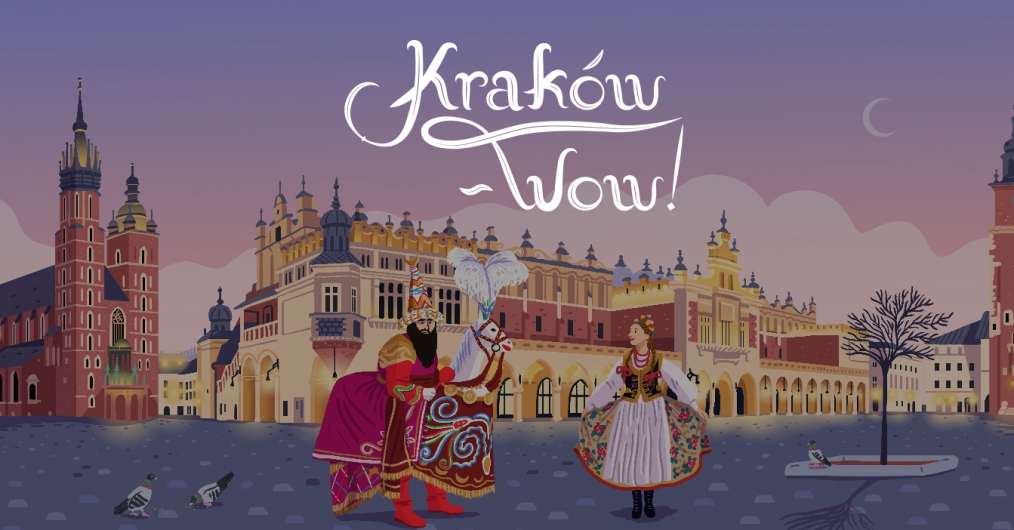 kolorowy widok rynku krakowskiego z napisem Kraków-wow, na pierwszym planie lajkonik i kobieta w ludowym stroju krakowskim