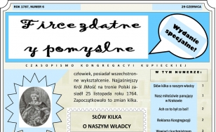 strona z gazety konkursowej, teksty, grafika przedstawiająca portret króla Stanisława Augusta Poniatowskiego