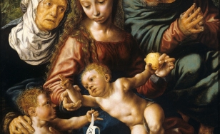 Święta rodzina na tle pejzażu. Madonna trzyma za rączki nagie dzieciątko, po lewej stronie starsza kobieta w białym welonie, po prawej św. Józef, składający ręce do modlitwy. Przed świętą Anną nagi chłopczyk, trzymający w rękach banderolę  z inskrypcją