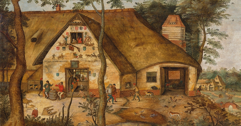 kolorowy obraz, budynek nakryty słomianym dachem, wiele postacie ludzkich i zwierzęta, z przodu dwa drzewa i staw; w tle inne budynki