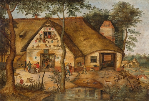 kolorowy obraz, budynek nakryty słomianym dachem, wiele postacie ludzkich i zwierzęta, z przodu dwa drzewa i staw; w tle inne budynki