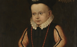 Dziecięcy portret królewicza Zygmunta Wazy ubranego w czarną suknię z białym kołnierzem, w prawej ręce trzymającego jabłko. Na szyi ma czerwony naszyjnik z rogiem; na głowie czarna czapka. Po prawej stronie stoi mały piesek.