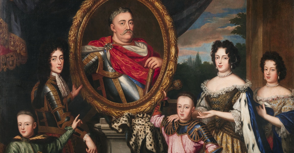 portret rodziny królewskiej, popiersie mężczyzny w okręgu, po bokach członkowie rodziny