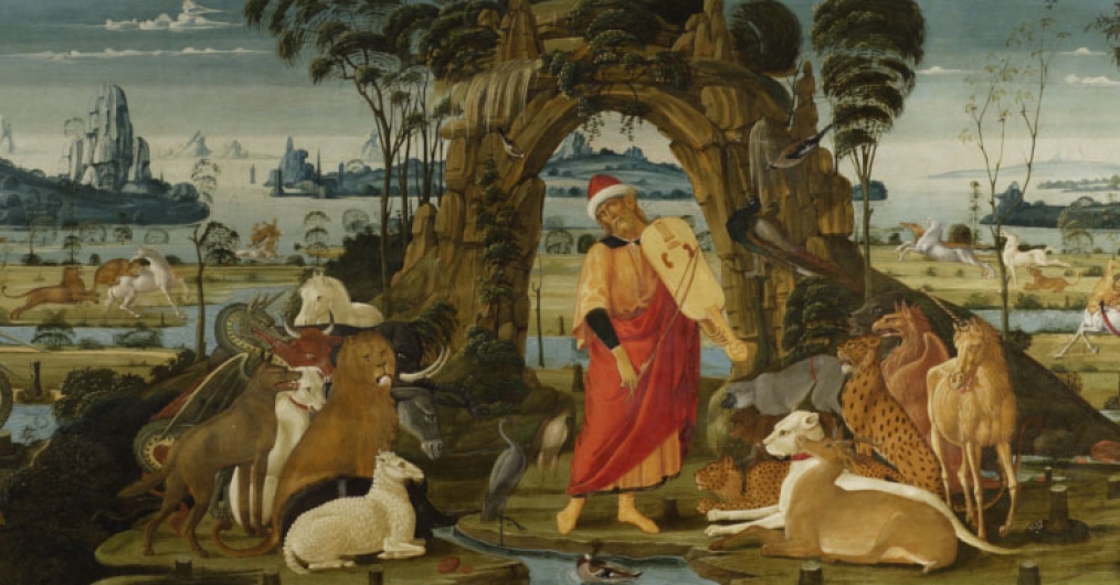 Obraz przedstawia pejzaż ze zwierzętami. Pośrodku sceny, w centralnej części obrazu stoi mężczyzna w czerwonej szacie, trzymający w ręku instrument smyczkowy.